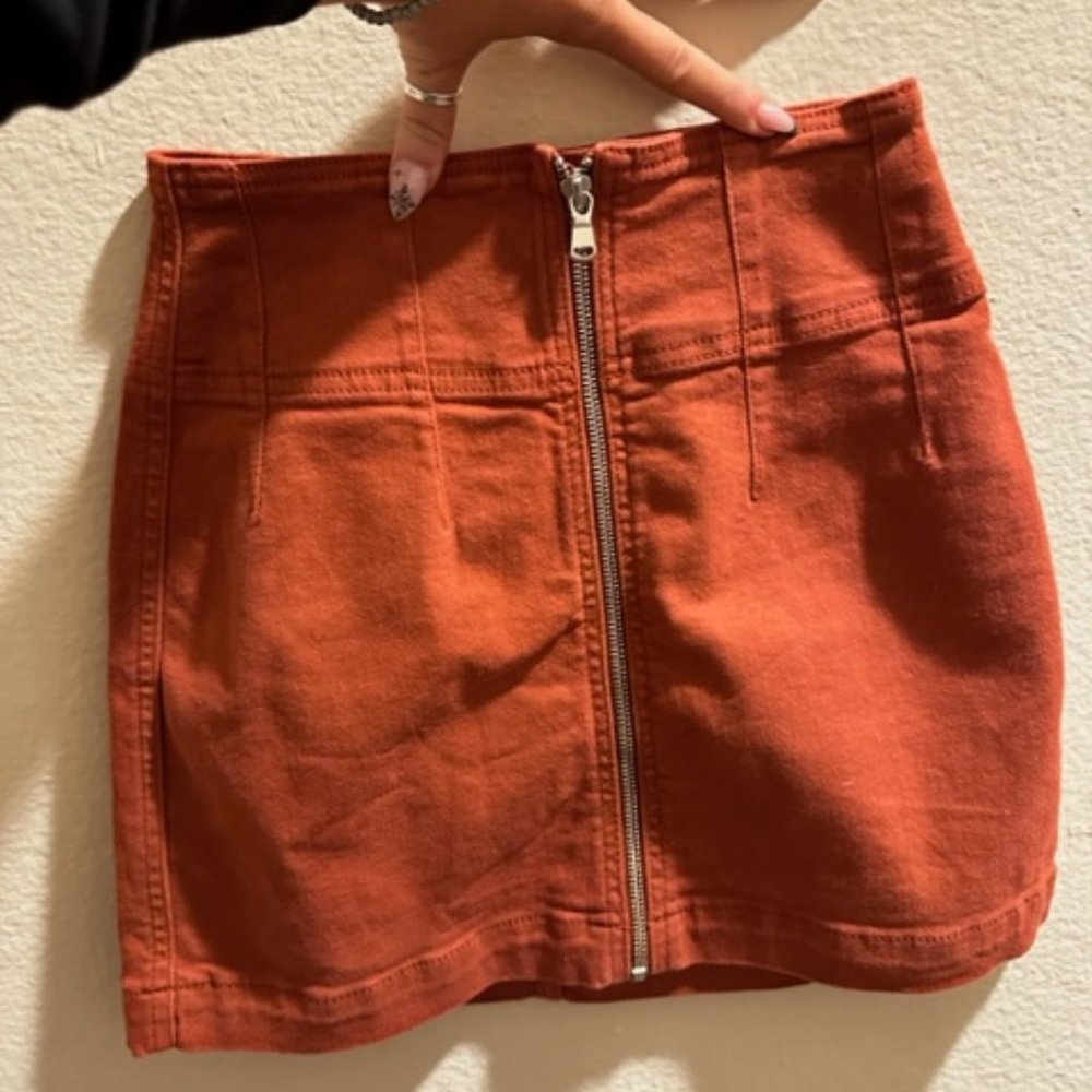 Free People Zip-Up Orange Denim Mini Skirt